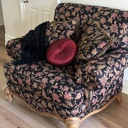 Schnadig Oversized Black Floral Sofa Chair With Ottoman VINTAGE ORIGINAL OWNER