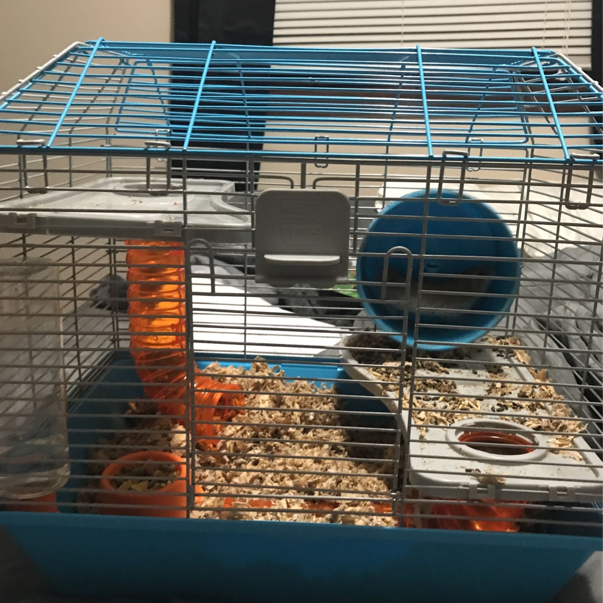 hamster cage, food bowl, water bottle, and wheel. (comes WITH hamster)