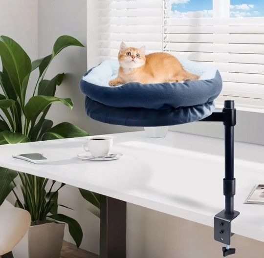 Cat Desk Bed - Soft Thick Cushion, 360° Rotating & Adjustable Height, Max 40 lbs, Washable Desk Mount Pet Bed for Kitten, Cat Hammock for Office 