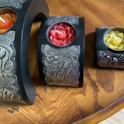 Set Of 3 Wooden Candle Holders