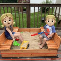 HOLIDAY GIFT 47x47in Kids Large Wooden Sandbox for Backyard, Outdoor Play , 2 Foldable Bench Seats,