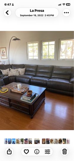 L-shaped sofa brown leather,9 x 6 ft