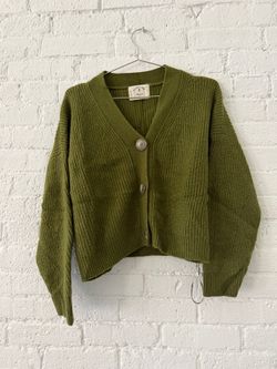 Electric & Rose Katie Cardigan — Olive Green Ribbed Knit, Size S