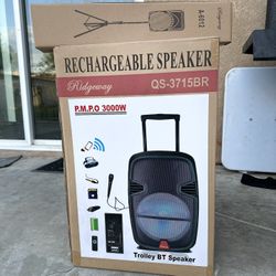 Rechargeable Music player - 15” Woofer  MICROPHONE & CHARGER INCLUDED ! Bluetooth - Fm Radio - Rechargeable  USB PORT - SD MEMORY SLOT - Portable  Com