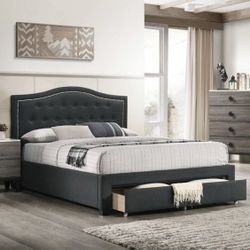 Burlap Fabric Bed Frame With Storage Drawer Button Tufted Headboard With Nailhead Trim Comes In Twin Full & Queen Brand New In Box Financing Available