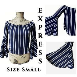 EXPRESS Size XS (will fit small too) Navy Blue White Stripe Off Shoulder Bell Sleeves Blouse Shirt. YES! IT'S STILL AVAILABLE. 