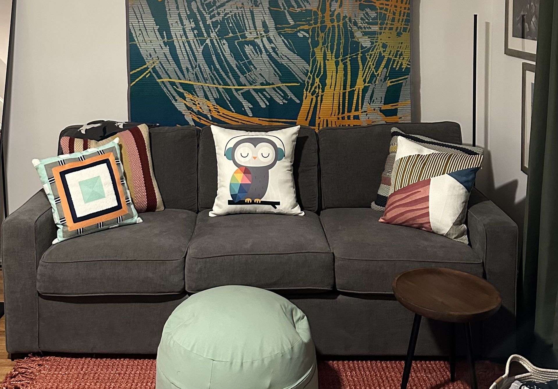 Mocha Grey Sofa & Midcentury Modern Style Coffee Table