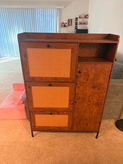 Rattan Shoe Storage Cabinet – Dark Wood