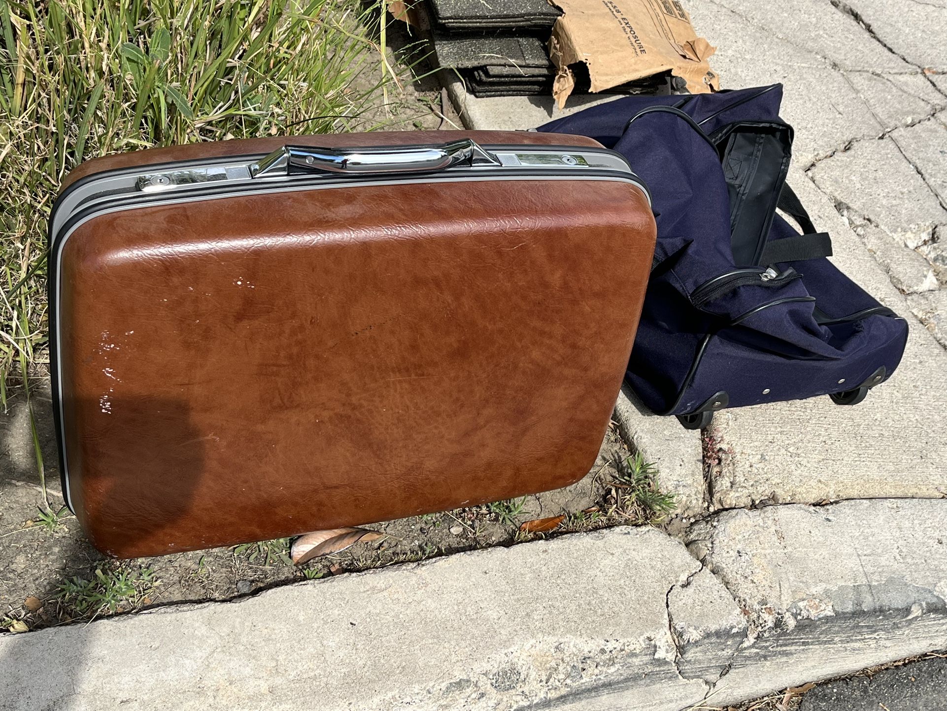 Free - LUGGAGE - & large duffle W/ Wheels, = used (at my curb - help yourself.) Roof shingles, Ceramic tiles., COVID Masks & Shields.