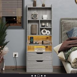 Two Gray 2 Drawer Nightstands with Charging Station and LED Lights
