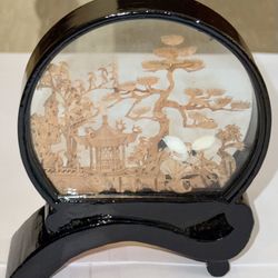  Vintage Chinese Cork Carving Diorama – Crane & Pagoda Scene – Fujian Export Art – San You 