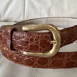 vintage brown alligator embossed leather belt with a gold-tone buckle