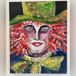 Fine Original Art Canvas Painting Mad Hatter 2010 Vintage ARTIST SIGNED 16 x 20” Mixed Medium Oil Acrylic