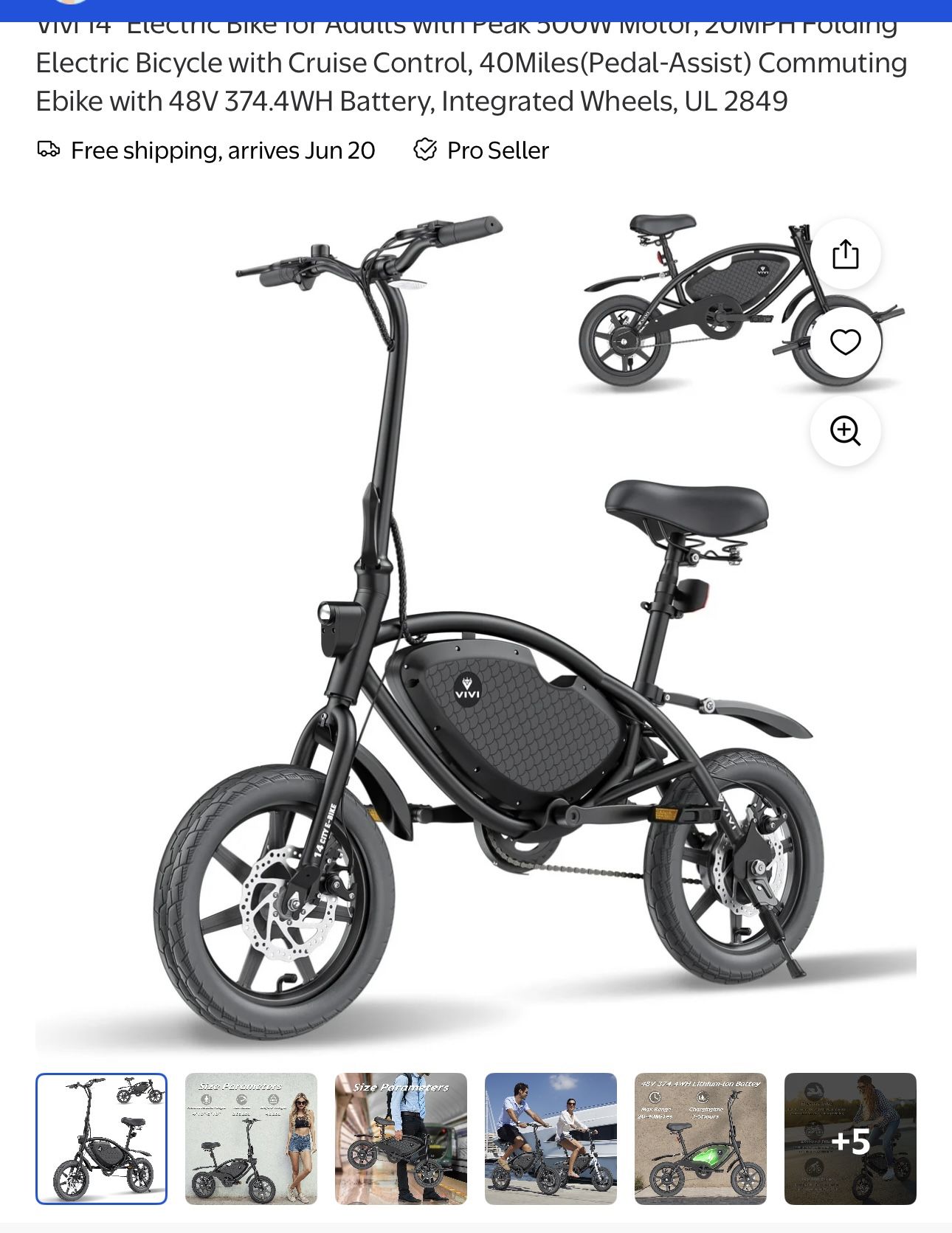 Vivi 14" Electric Bike with Peak 500W Motor, 20MPH Folding Electric Bicycle with Cruise Control, 40Miles(Pedal-Assist) Commuting Ebike