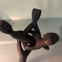 Hand Carved Wooden Interlocking Trouble Men Statue Tripod Stand