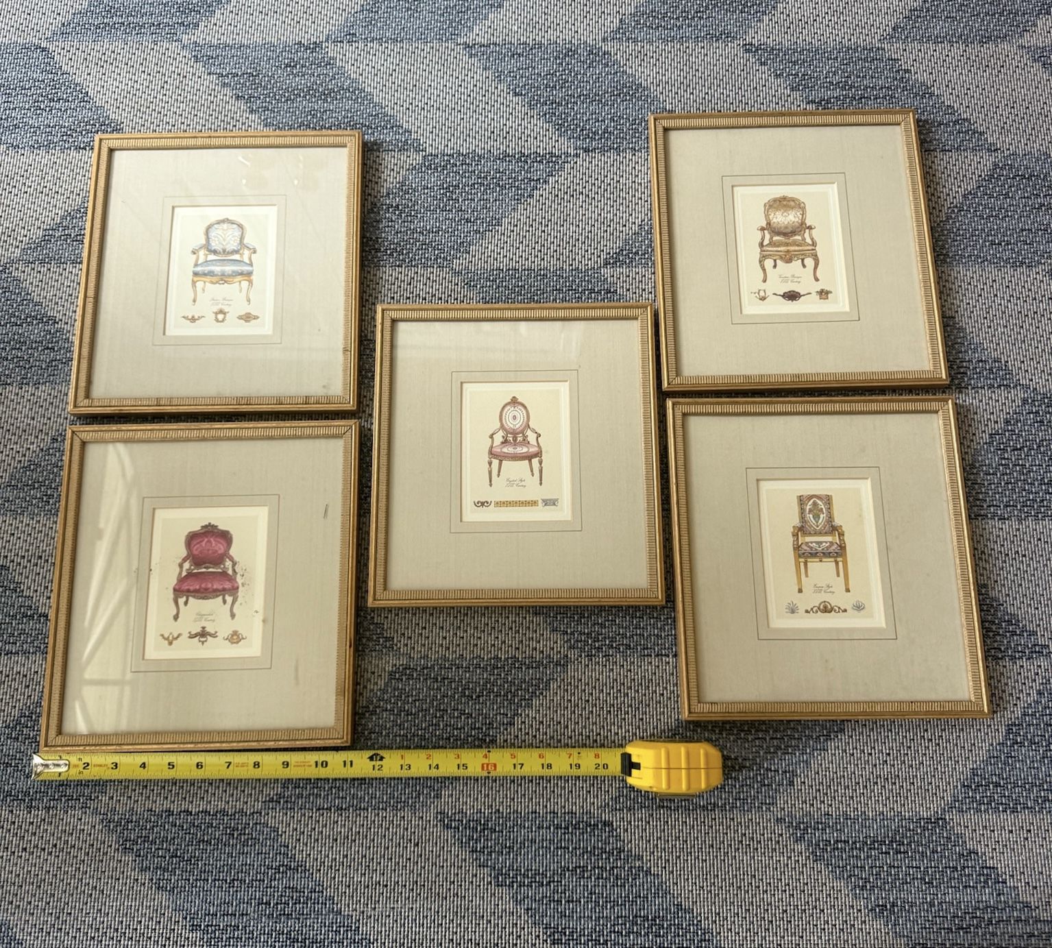 Lot of 5 vintage gold framed matted fancy arm chair pictures Italian English p/u Jamison, Pa 11”x12” frames