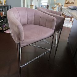 Set of 2 Upholstered Counter Stools - Blush Velvet & Chrome