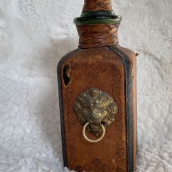 Vintage Italian Leather Wrapped Glass Decanter w/ Lion Head Decoration