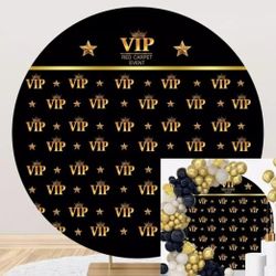 7.5x7.5ft VIP Red Carpet Round Backdrop Black Gold Crown Stars Circle Backdrop