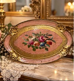 Vintage Italian Florentine Floral Tray – Pink & Gold Gilt – Made in Italy