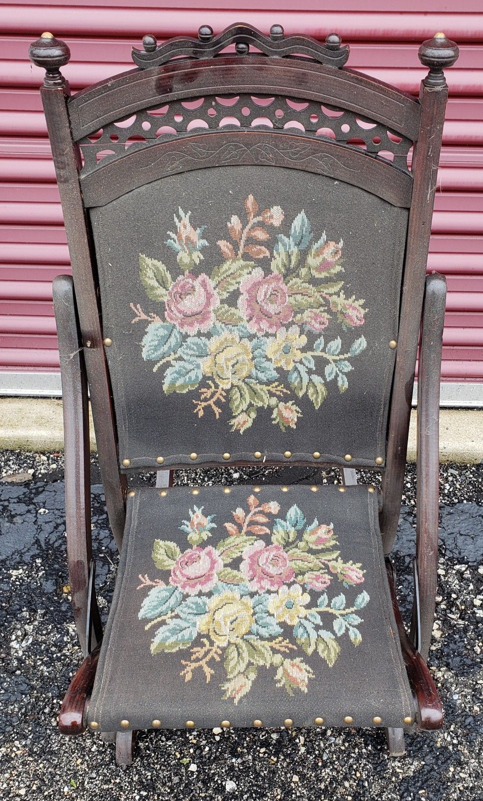 Antique Embroidered Folding Rocking Chair Great Condition