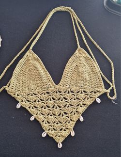 Beautiful Hand Made Cotton Crochet Halter Bikini Top With Real Sea Shell Accents bikini top, boho crop  festival top