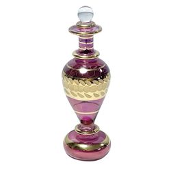 Vintage Egyptian Perfume Bottle with Dauber Hand Blown Glass 4" Tall Purple Gold