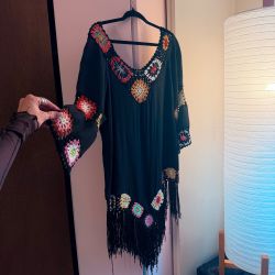 ASHA Black Crochet Granny Square Fringe Hem Tunic Dress Bell Sleeve Boho