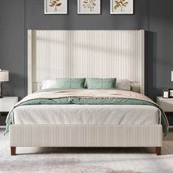 *BRAND NEW* King Bed Frame with Tall Wingback Headboard- Cream