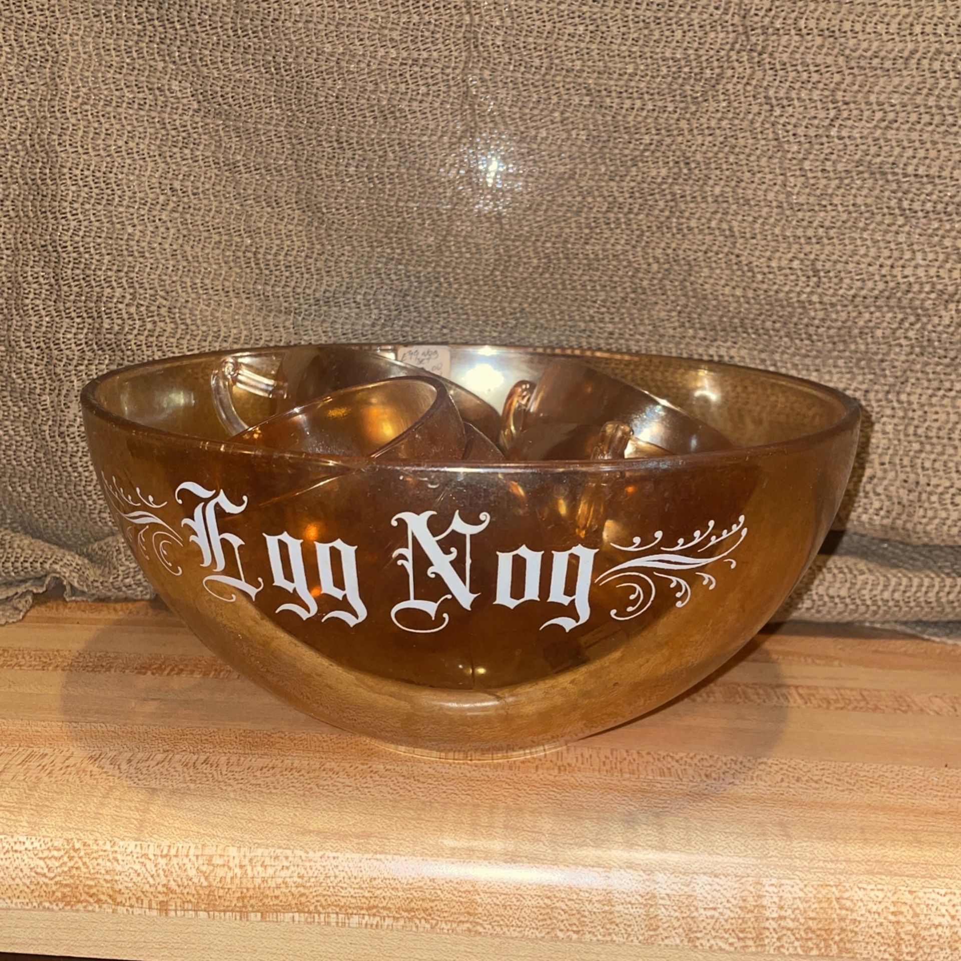 Vtg. EGG NOG Set Punch Bowl Jeannette Marigold Carnival Glass 6 Cups, Bowl