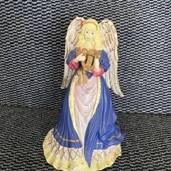 Ceramic Blonde Angel Music Box Harp Purple Pink Gold Hand Painted Wind beneath My Wings