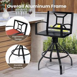 Swivel Outdoor Aluminum Outdoor Bar Stool with Red Sunbrella Cushions (2-Pack 