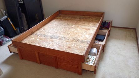 Full Oak Wood Platform Bed Frame with Storage Drawers