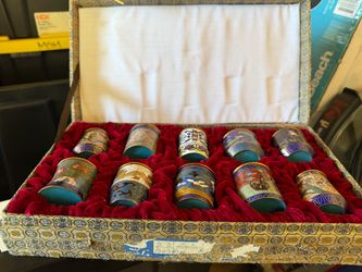 vintage Chinese cloisonné enamel cup set — 10 pieces in the original brocade presentation box.