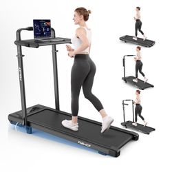 Walking Pad Treadmill with Desk Workstation, 10% Incline Foldable Treadmill with Handrail, 300lbs Capacity, 3 Control Methods, 8 in 1 Folding Treadmil