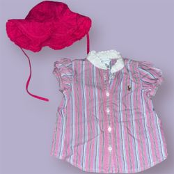 ralph lauren pink baby hat & striped shirt 9 months