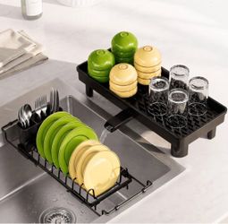Over Sink Dish Drying Rack - Expandable 14"-22" Small Dish Drainer Dish Rack for Kitchen Counter, Rustproof Kitchen Drying Rack with Auto-Drain Tray &