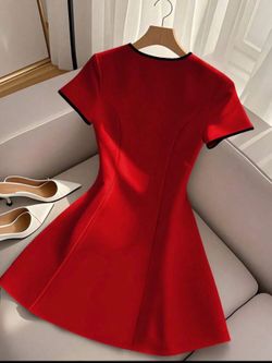 Red shirt sleeve v-neck dres with black trim