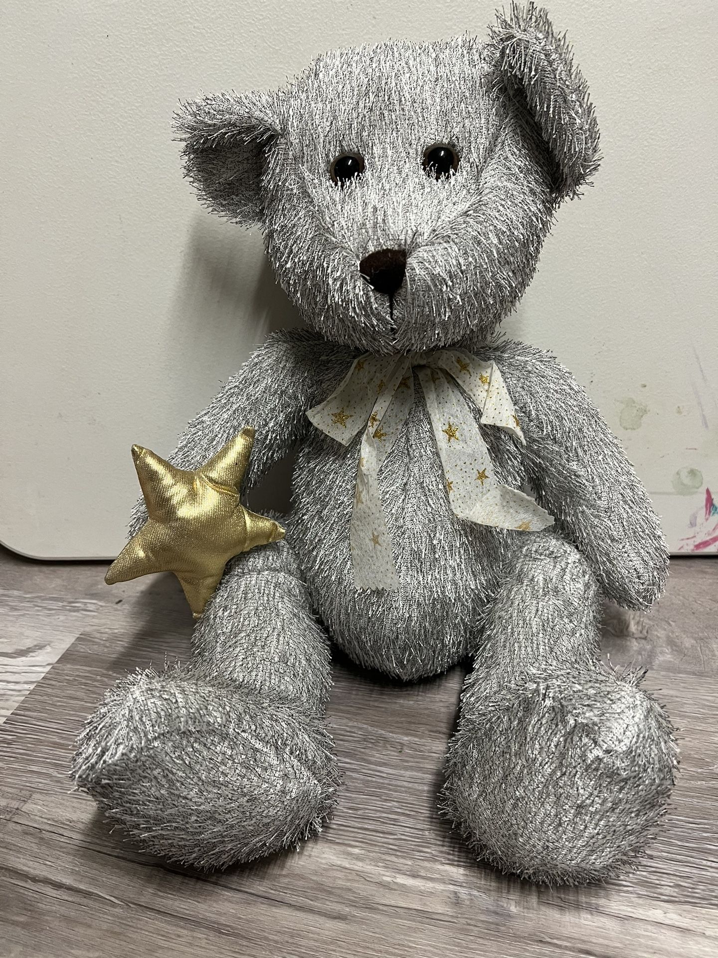 B J Toy Co Silver with Gold Star Teddy Bear