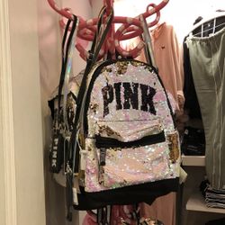 Victoria’s Secret PINK Iridescent Bling Laptop Pearl Silver Gold Sequin Backpack