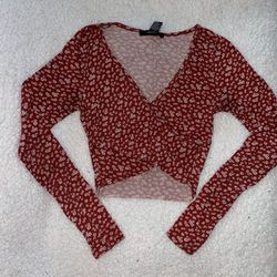Red with white flowers cropped criss-cross long sleeve