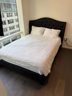 Queen size bed frame, and mattress for sale perfect condition no tears no stains. Nothing always Mattress Cover On It.