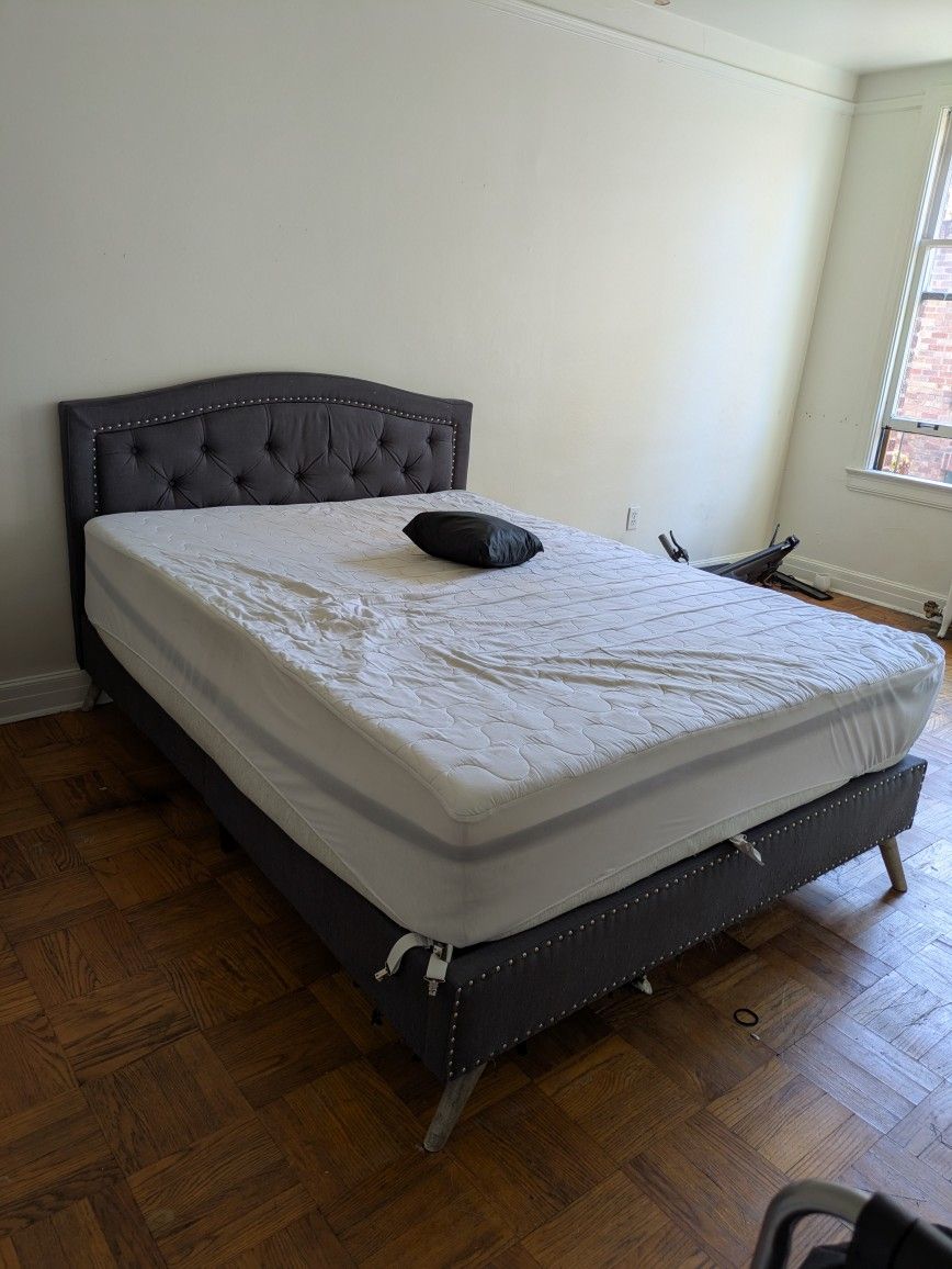 Grey/Gray Queen Bed Frame And Mattress W/ Protector 