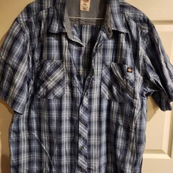 Mens Dickies Blue Plaid Print Button Down Casual Shirt