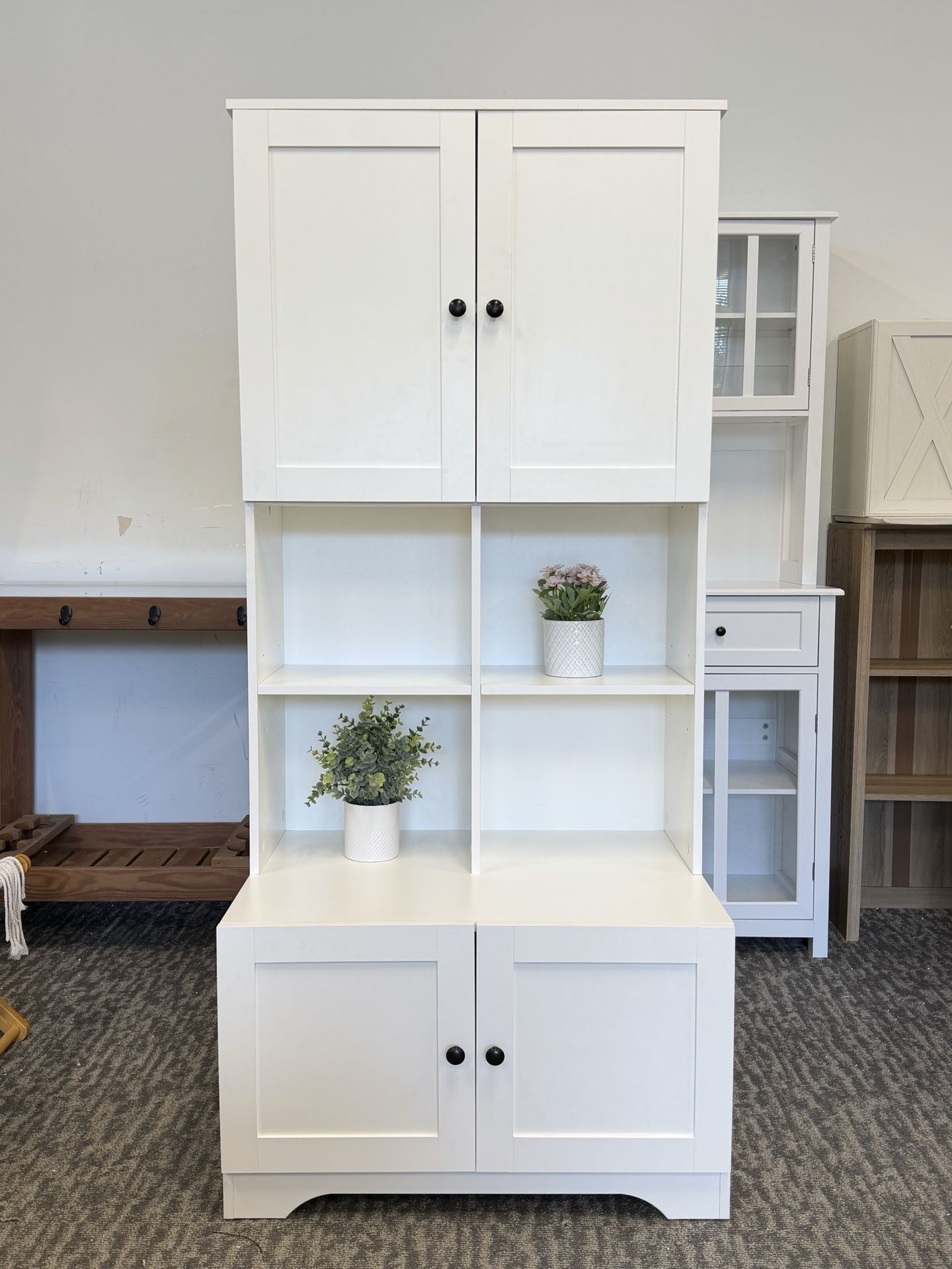 67” Tall & Wide Freestanding Storage Cabinet, White Wooden Organizer with 4 Doors & Adjustable Shelves, Perfect for Kitchen, Bathroom, Bedr