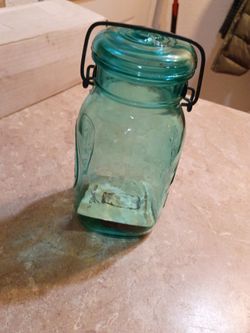 Vintage Aqua Blue Glass Jar with Wire Bail Lid