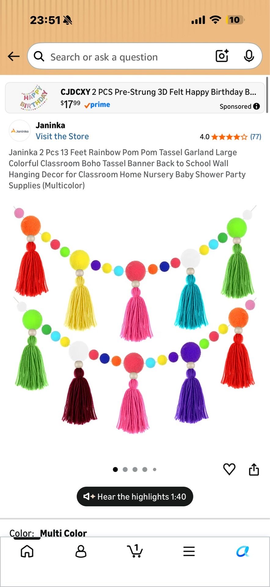 Janinka 2 Pcs 13 Feet Colorful Classroom Boho Tassel Banner for Decor