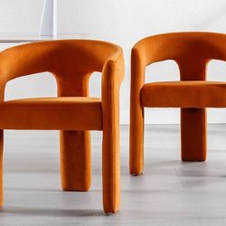 Velvet Barrel Dining Chair with Open-Back, Upholstered Modern Accent Side Armchair with 3 Legs for Kitchen/Dining Room/Living Room, Set of 2, Orange