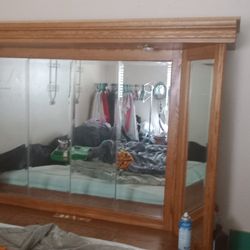 Wood Mirror Headboard With Light Bridge And Side Cabinets 