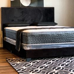 Queen Black Velvet Bed Plus Queen Plush Mattress (Free Delivery )